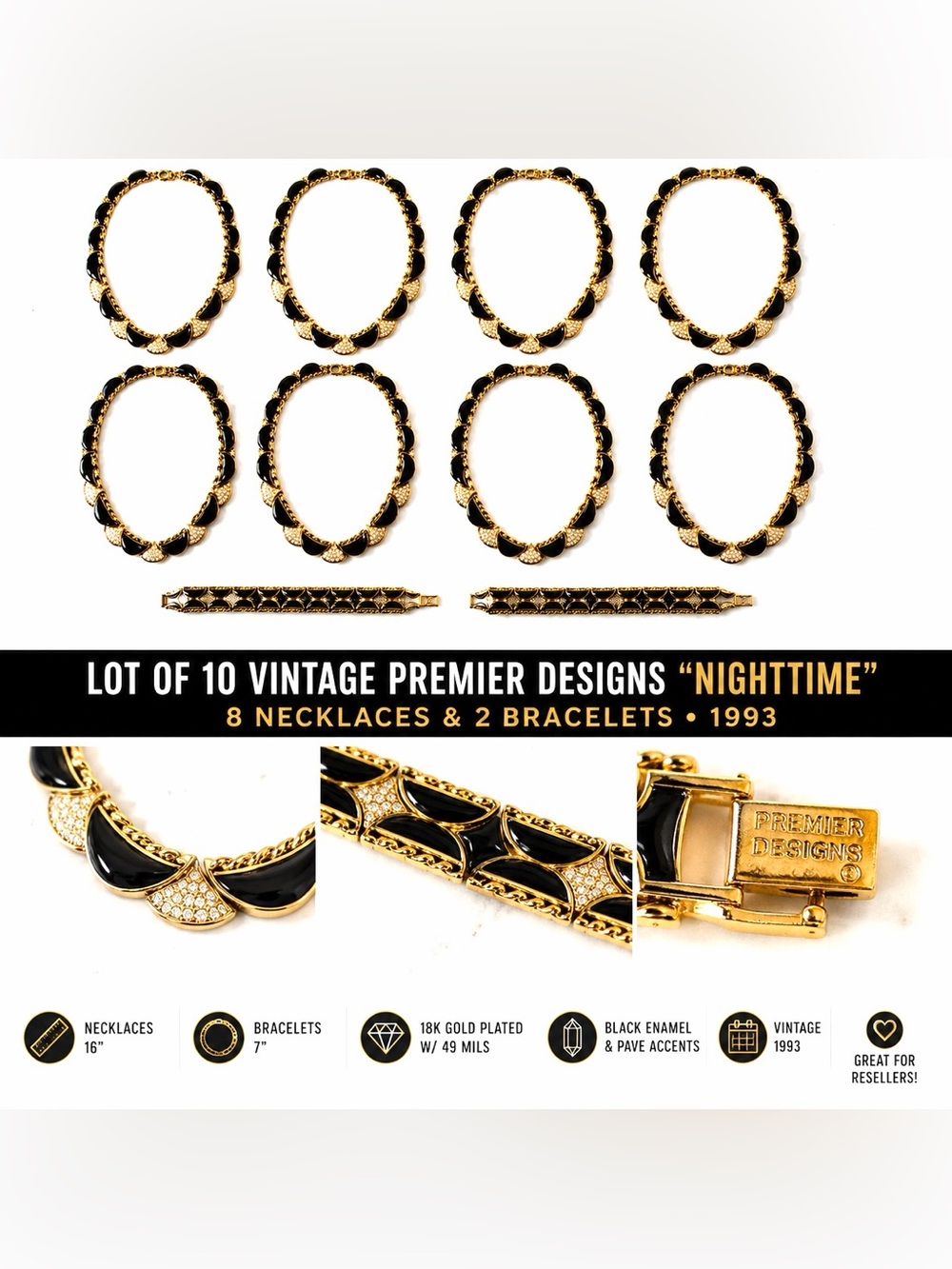 Vintage Premier Designs Jewelry Lot 8 Necklaces 2 Bracelets Black Gold Tone